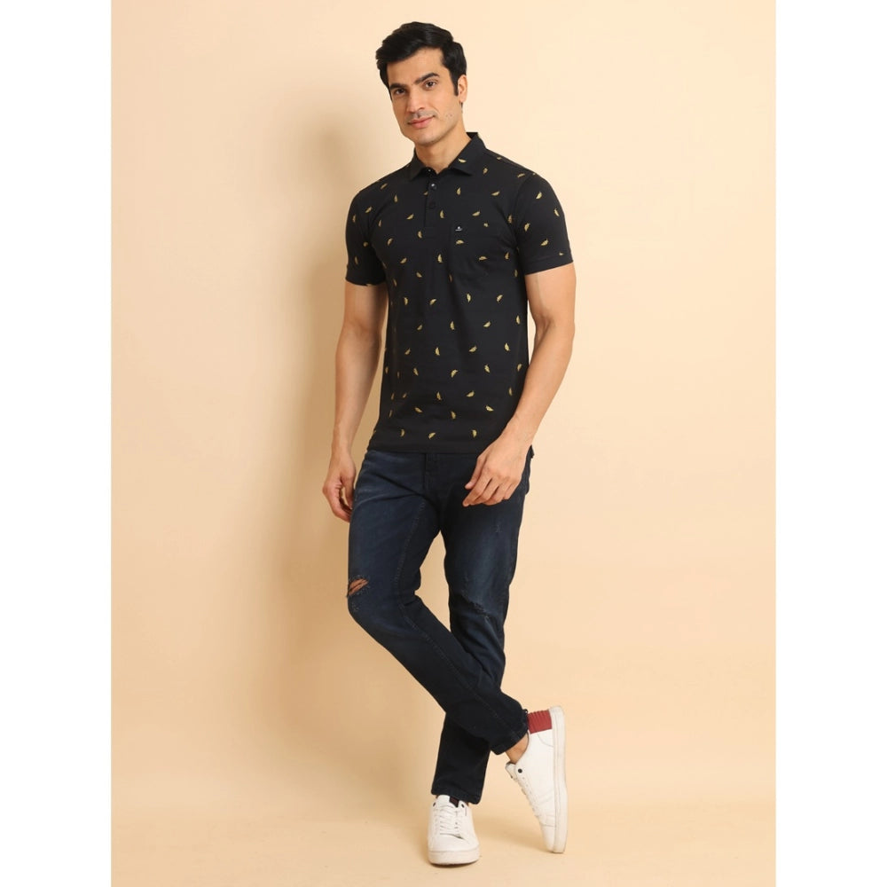 Men's Casual Cotton Printed Polo Neck Half Sleeve T-Shirt (Black)