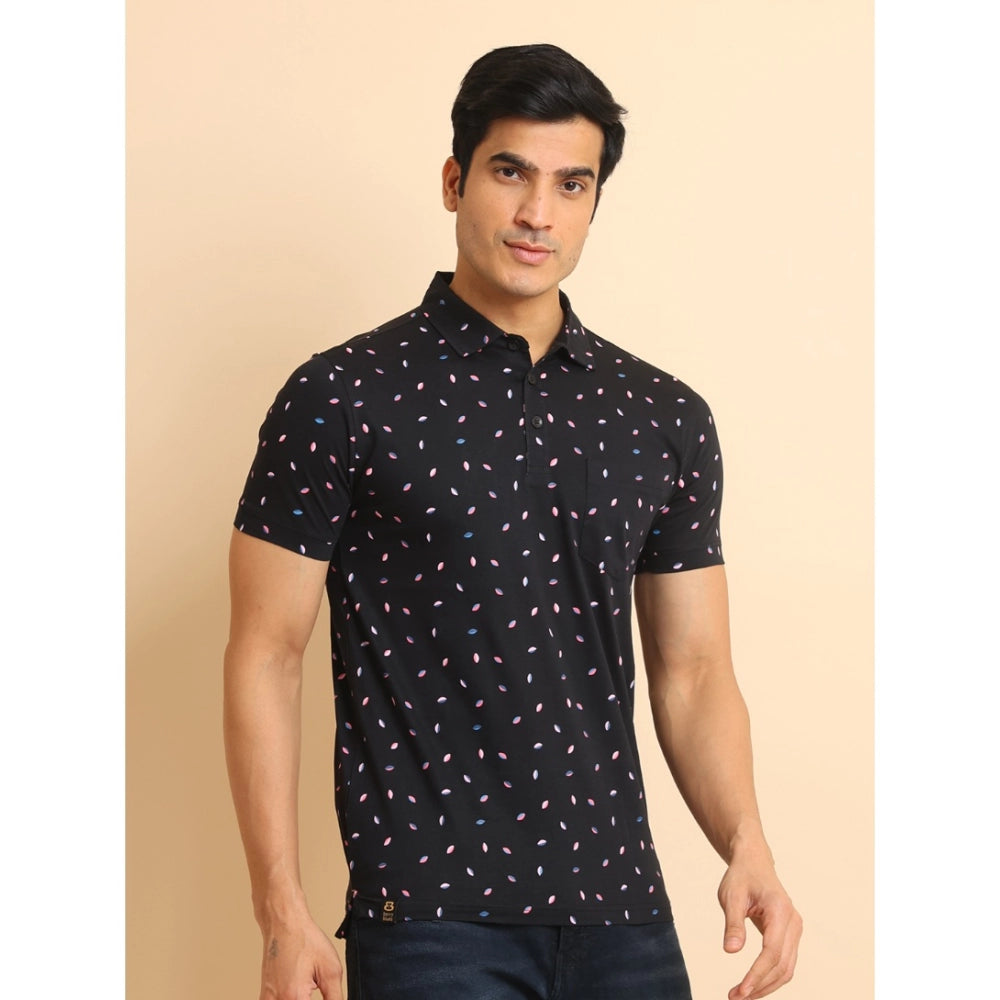 Men's Casual Cotton Printed Polo Neck Half Sleeve T-Shirt (Black)