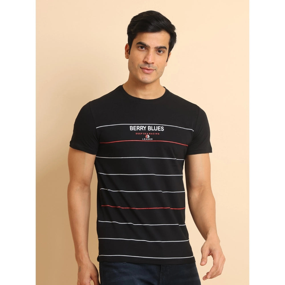 Men's Casual Cotton Printed Round Neck Half Sleeve T-Shirt (Black)