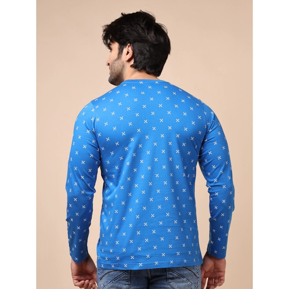 Men's Casual Cotton Printed Round Neck Full Sleeve T-Shirt (Blue)