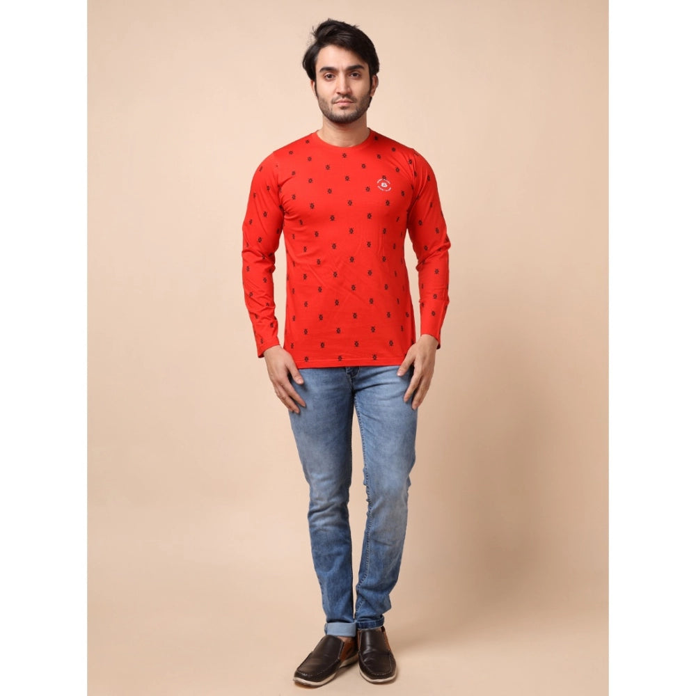 Men's Casual Cotton Printed Round Neck Full Sleeve T-Shirt (Red)