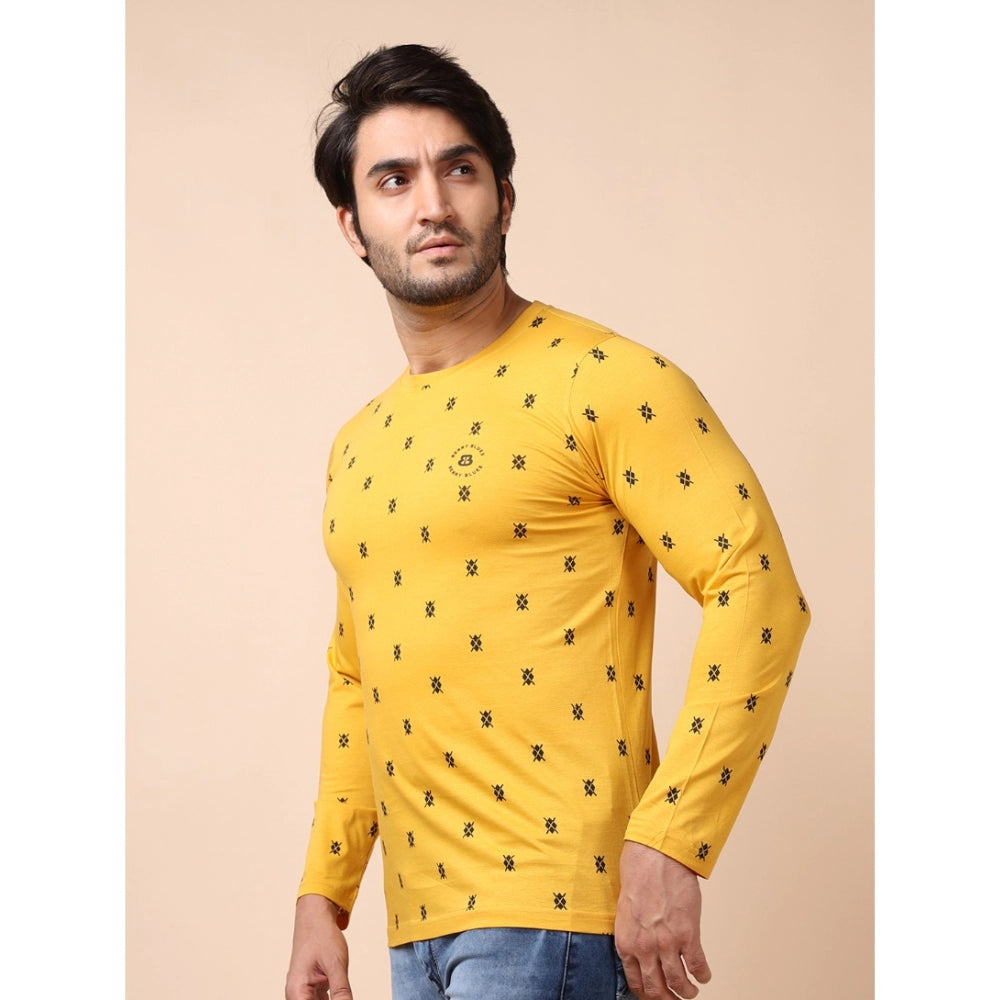 Men's Casual Cotton Printed Round Neck Full Sleeve T-Shirt (Mustard)