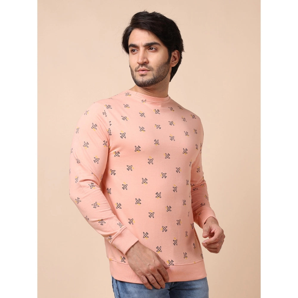 Men's Casual Cotton Printed Round Neck Full Sleeve Sweat Shirt (Peach)