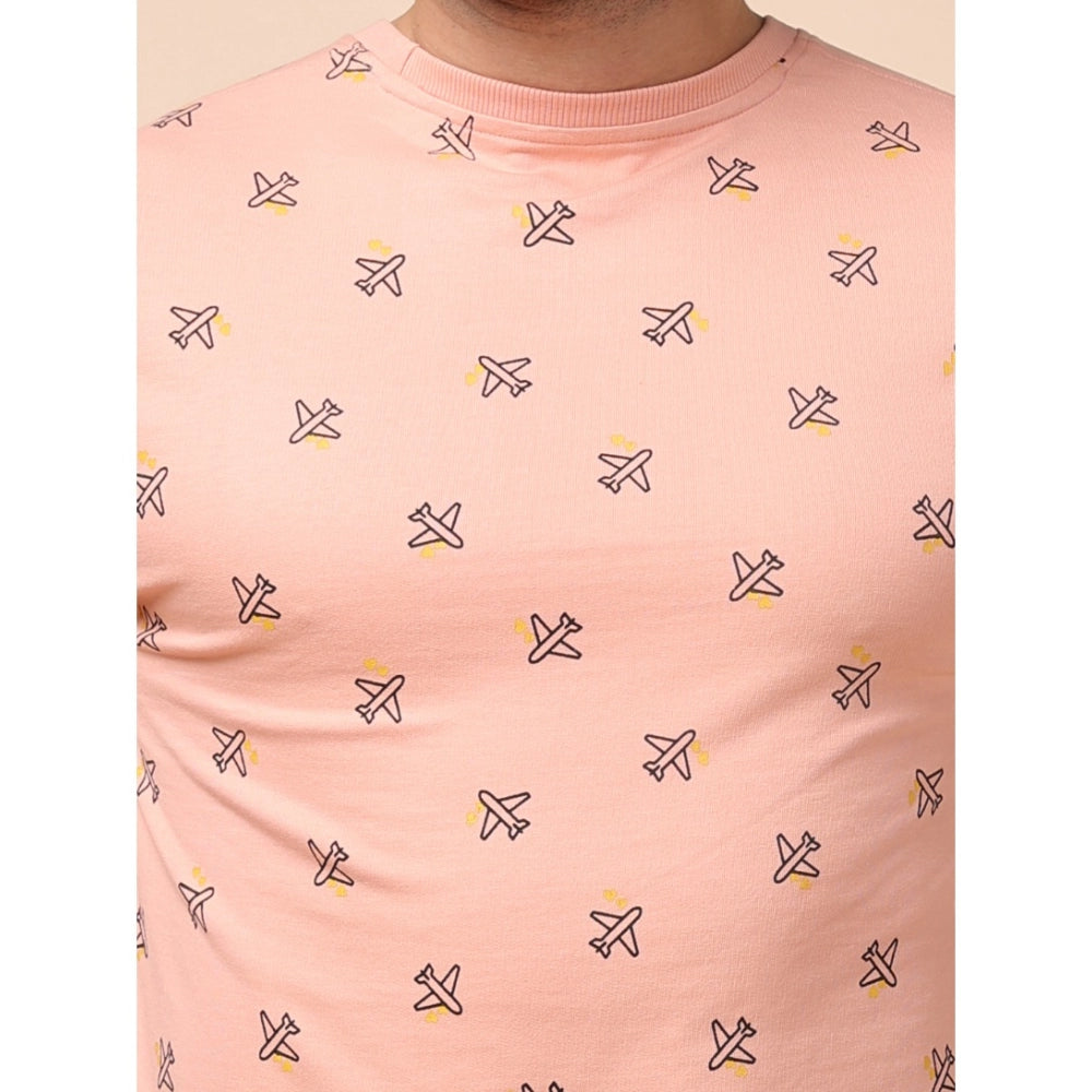 Men's Casual Cotton Printed Round Neck Full Sleeve Sweat Shirt (Peach)