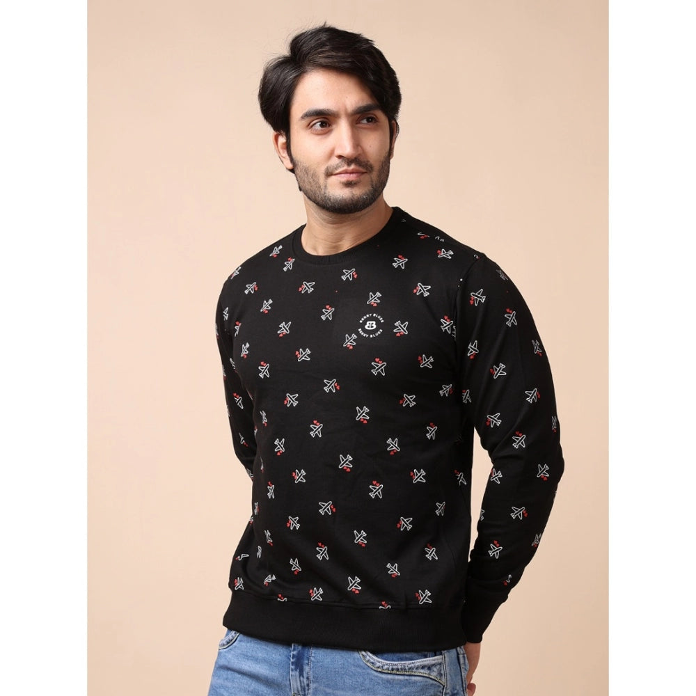 Men's Casual Cotton Printed Round Neck Full Sleeve Sweat Shirt (Black)