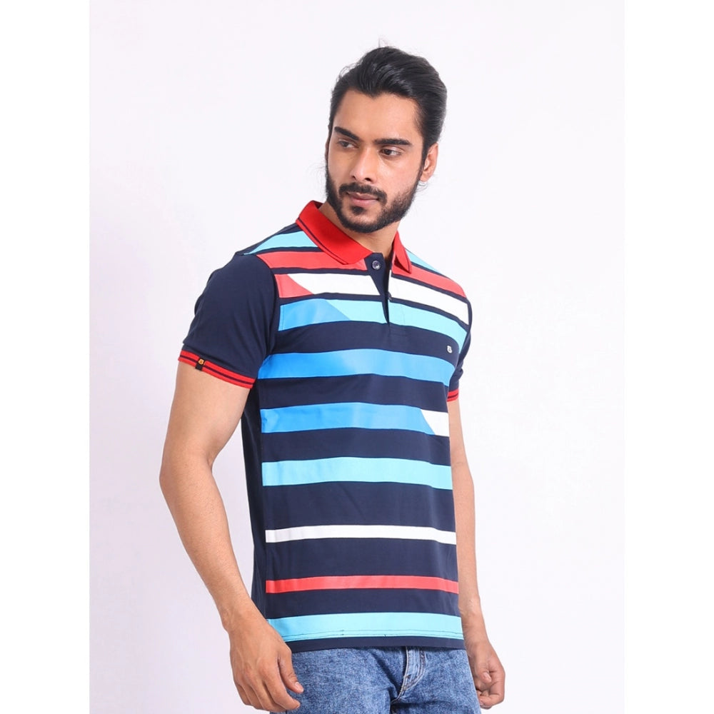 Men's Casual Cotton Printed Polo Neck Half Sleeve T-Shirt (Navy)