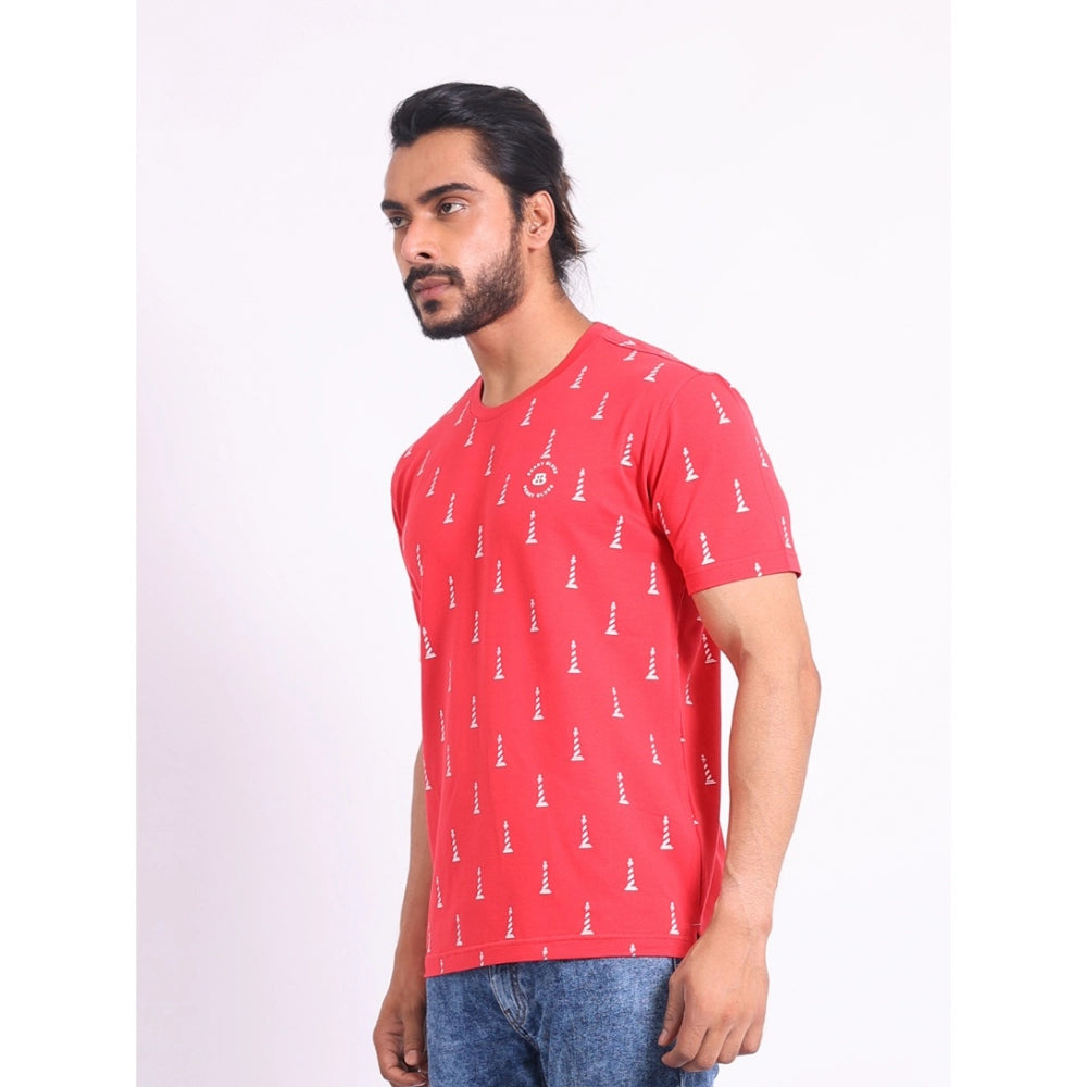 Men's Casual Cotton Printed Round Neck Half Sleeve T-Shirt (Red)