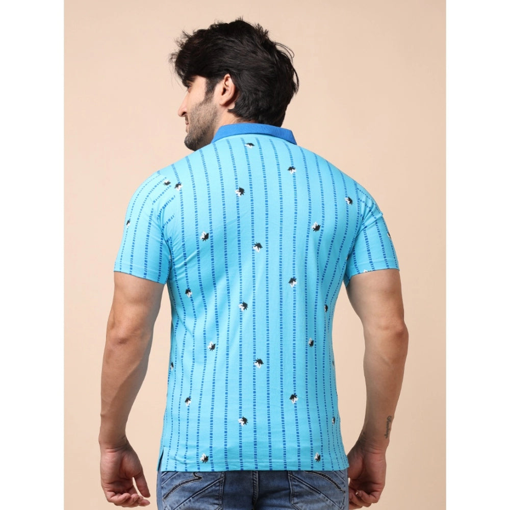 Men's Casual Cotton Printed Polo Neck Half Sleeve T-Shirt (Skyblue)