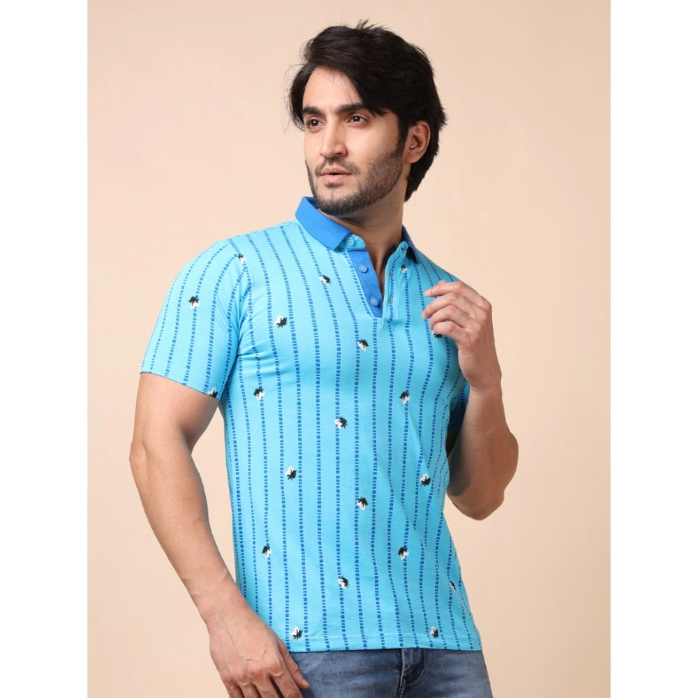 Men's Casual Cotton Printed Polo Neck Half Sleeve T-Shirt (Skyblue)