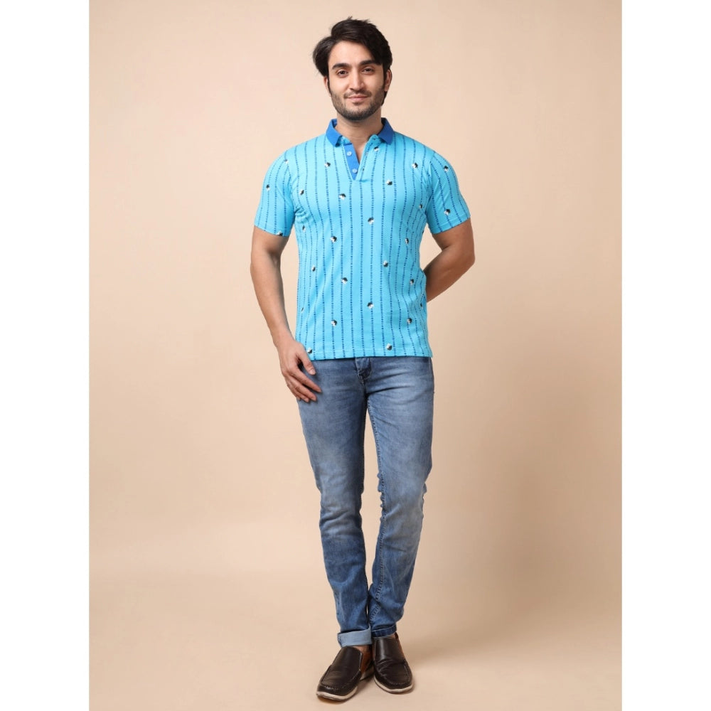 Men's Casual Cotton Printed Polo Neck Half Sleeve T-Shirt (Skyblue)