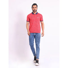 Men's Casual Cotton Printed Polo Neck Half Sleeve T-Shirt (Red)