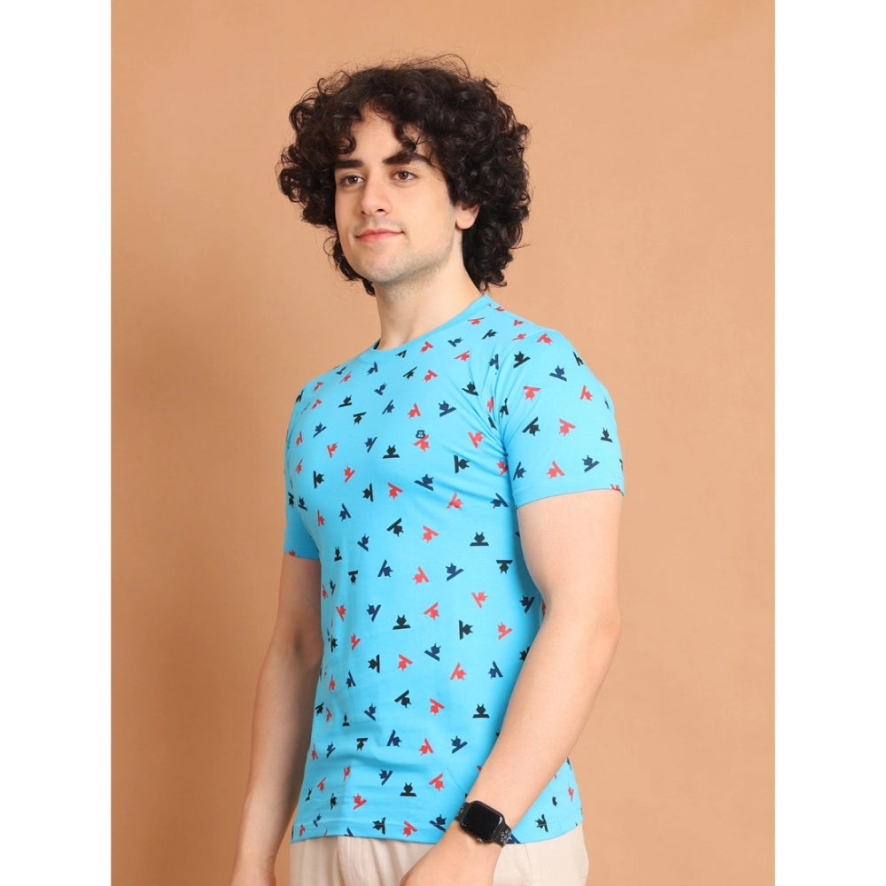 Men's Casual Cotton Printed Round Neck Half Sleeve T-Shirt (Skyblue)