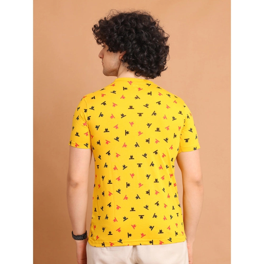 Men's Casual Cotton Printed Round Neck Half Sleeve T-Shirt (Yellow)