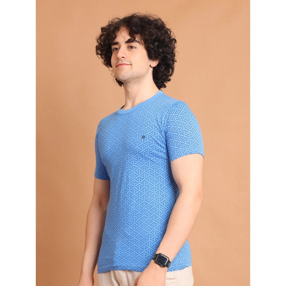 Men's Casual Cotton Printed Round Neck Half Sleeve T-Shirt (LightBlue)