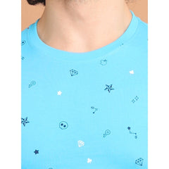 Men's Casual Cotton Printed Round Neck Half Sleeve T-Shirt (Skyblue)