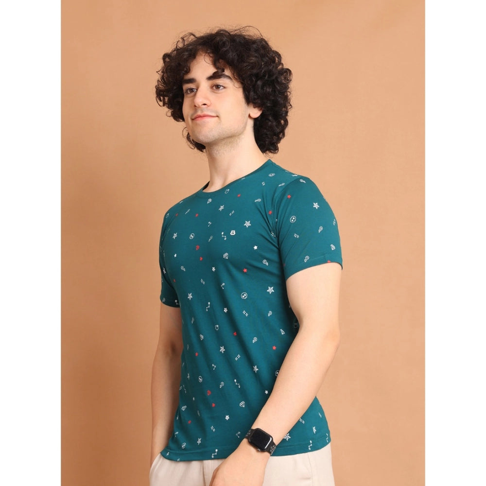 Men's Casual Cotton Printed Round Neck Half Sleeve T-Shirt (Green)