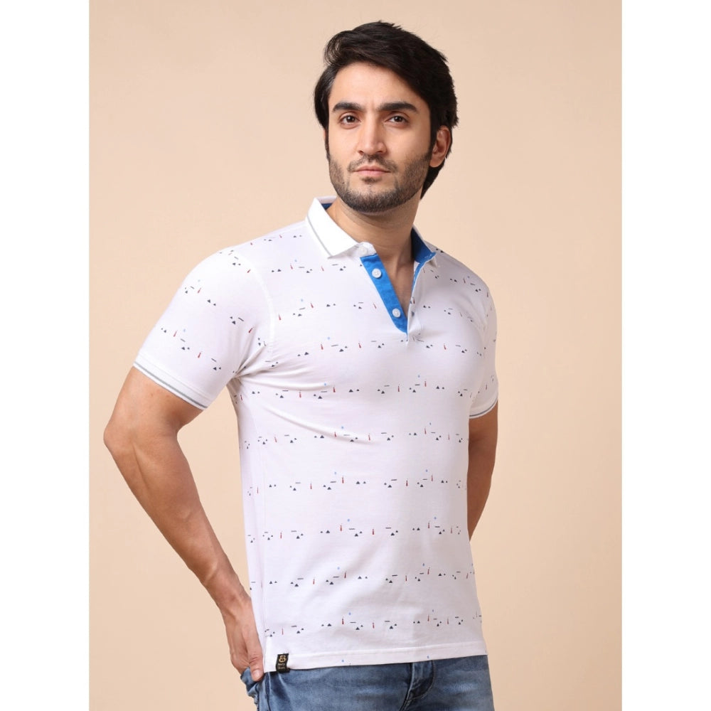 Men's Casual Cotton Printed Polo Neck Half Sleeve T-Shirt (White)