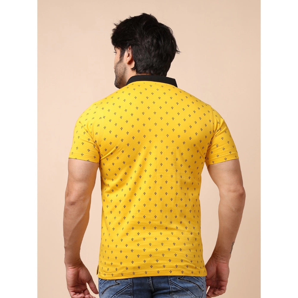 Men's Casual Cotton Printed Polo Neck Half Sleeve T-Shirt (Yellow)