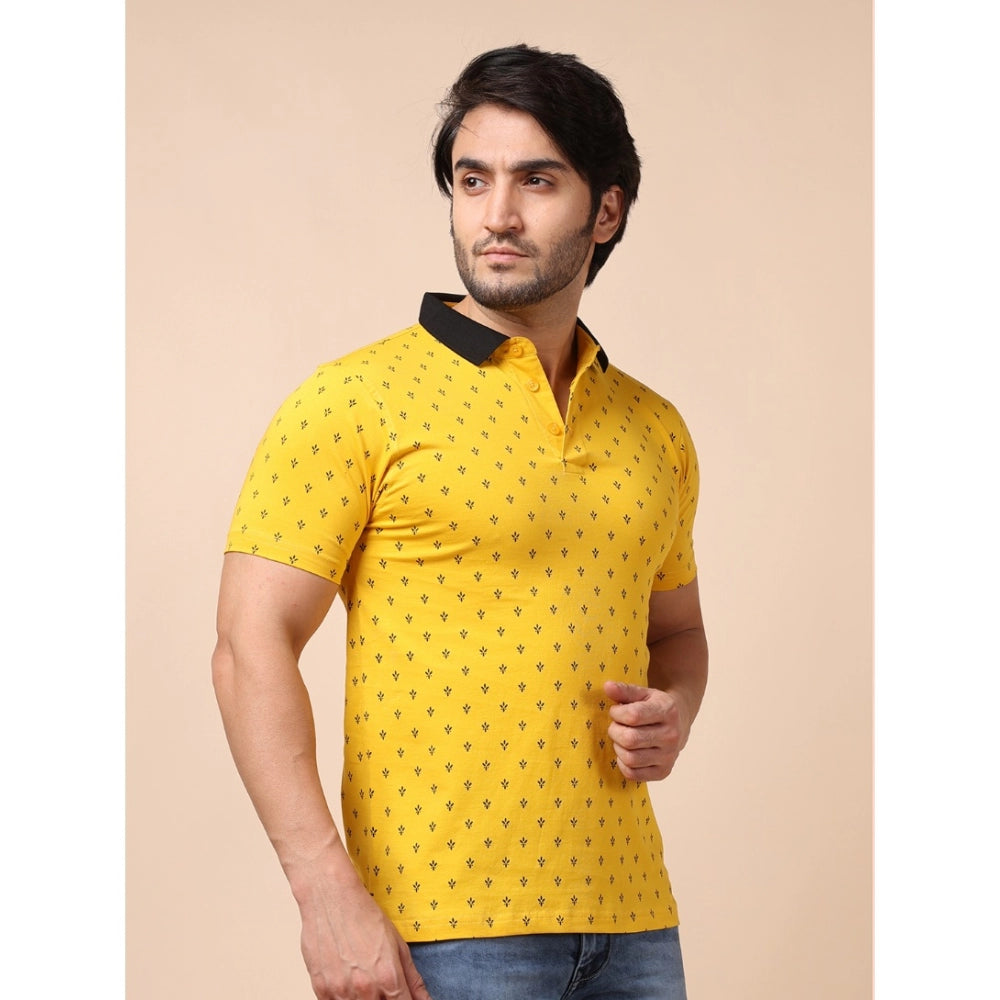 Men's Casual Cotton Printed Polo Neck Half Sleeve T-Shirt (Yellow)