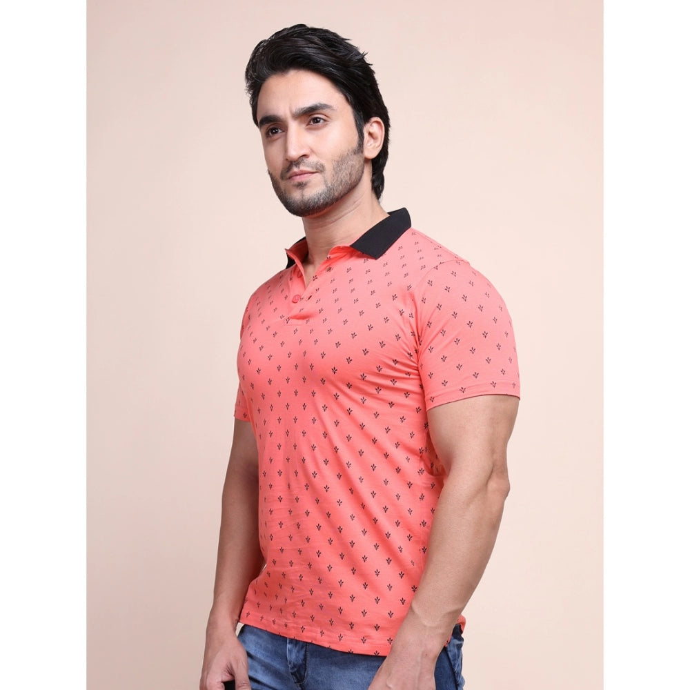 Men's Casual Cotton Printed Polo Neck Half Sleeve T-Shirt (Red)