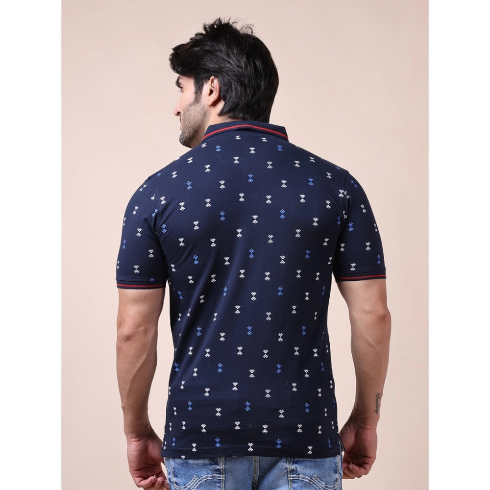 Men's Casual Cotton Printed Polo Neck Half Sleeve T-Shirt (Navy)