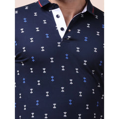 Men's Casual Cotton Printed Polo Neck Half Sleeve T-Shirt (Navy)