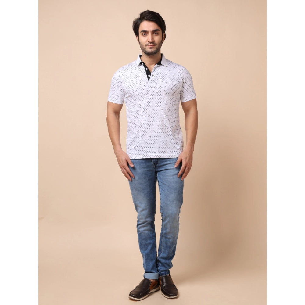 Men's Casual Cotton Printed Polo Neck Half Sleeve T-Shirt (White)