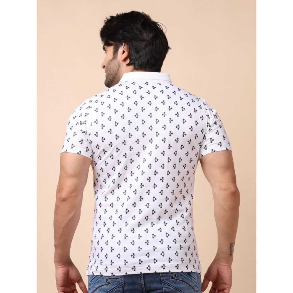 Men's Casual Cotton Printed Polo Neck Half Sleeve T-Shirt (White)