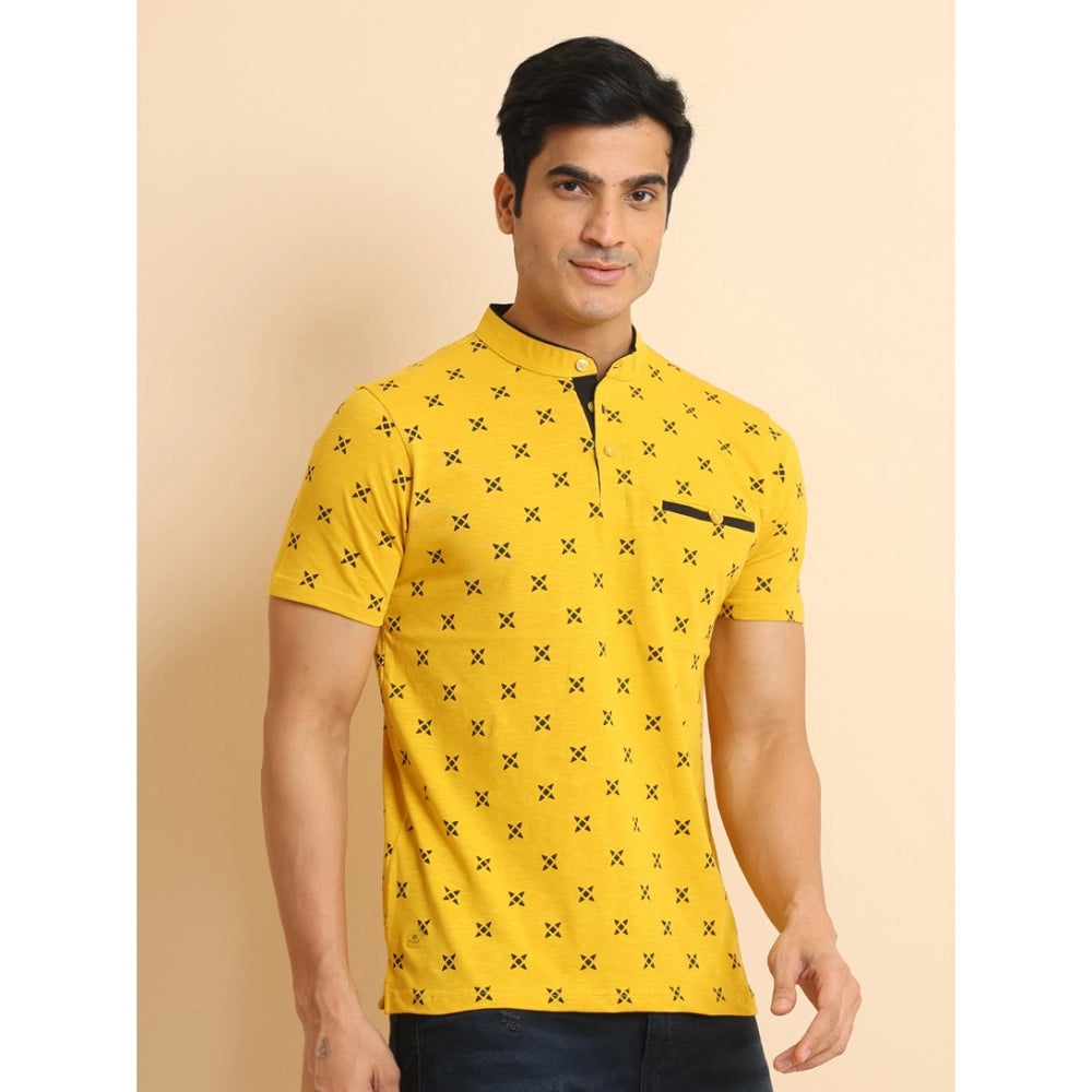 Men's Casual Cotton Printed Mandarin Collar Half Sleeve T-Shirt (Mustard)