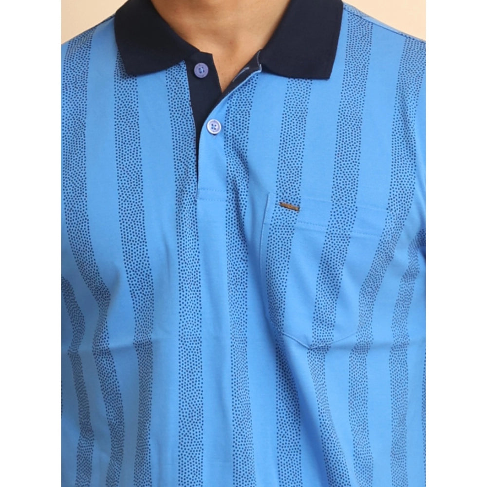 Men's Casual Cotton Printed Polo Neck Half Sleeve T-Shirt (LightBlue)