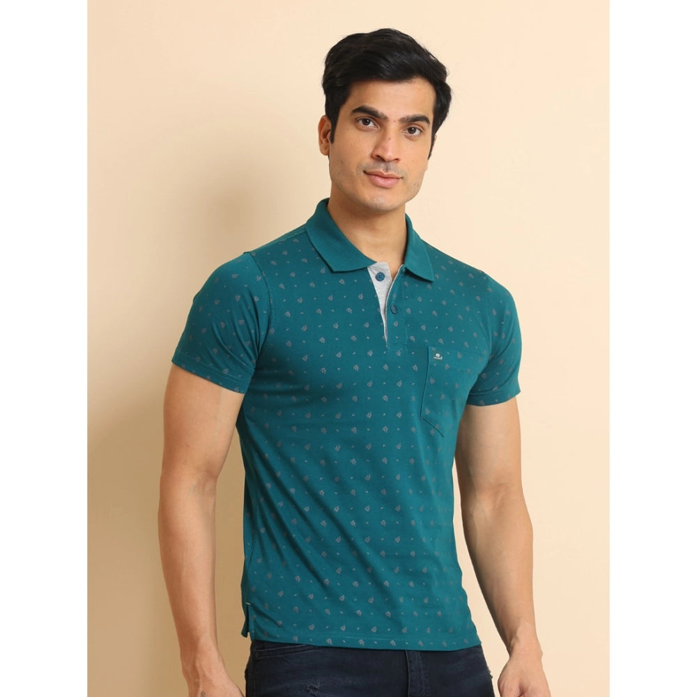 Men's Casual Cotton Printed Polo Neck Half Sleeve T-Shirt (Green)