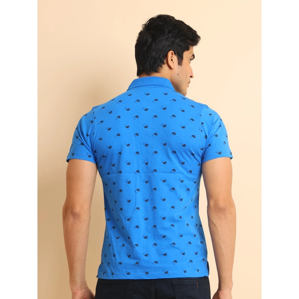 Men's Casual Cotton Printed Polo Neck Half Sleeve T-Shirt (Blue)