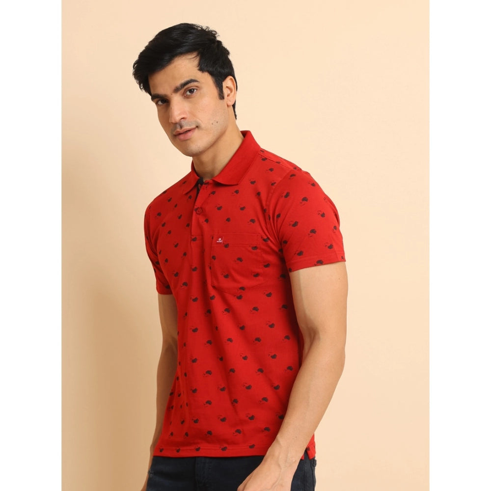 Men's Casual Cotton Printed Polo Neck Half Sleeve T-Shirt (Red)