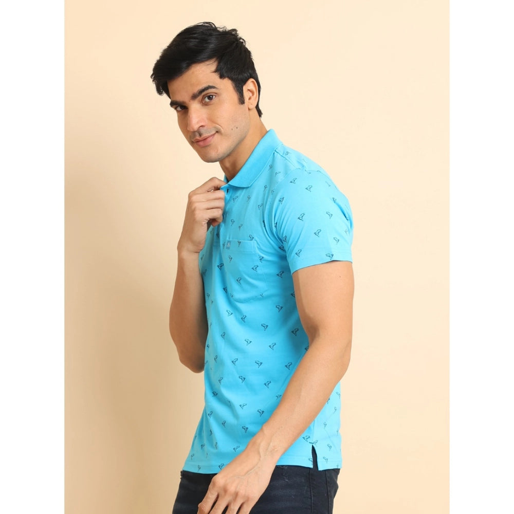 Men's Casual Cotton Printed Polo Neck Half Sleeve T-Shirt (Skyblue)