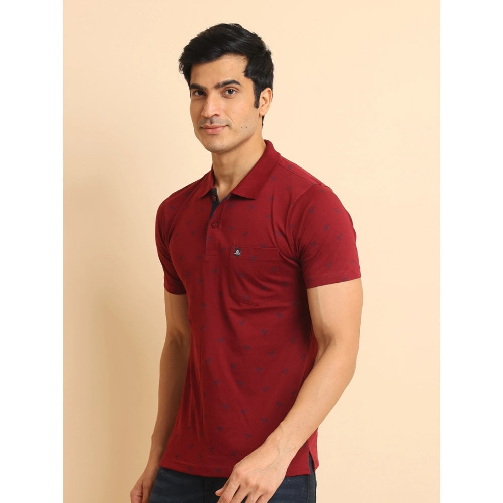 Men's Casual Cotton Printed Polo Neck Half Sleeve T-Shirt (Red)