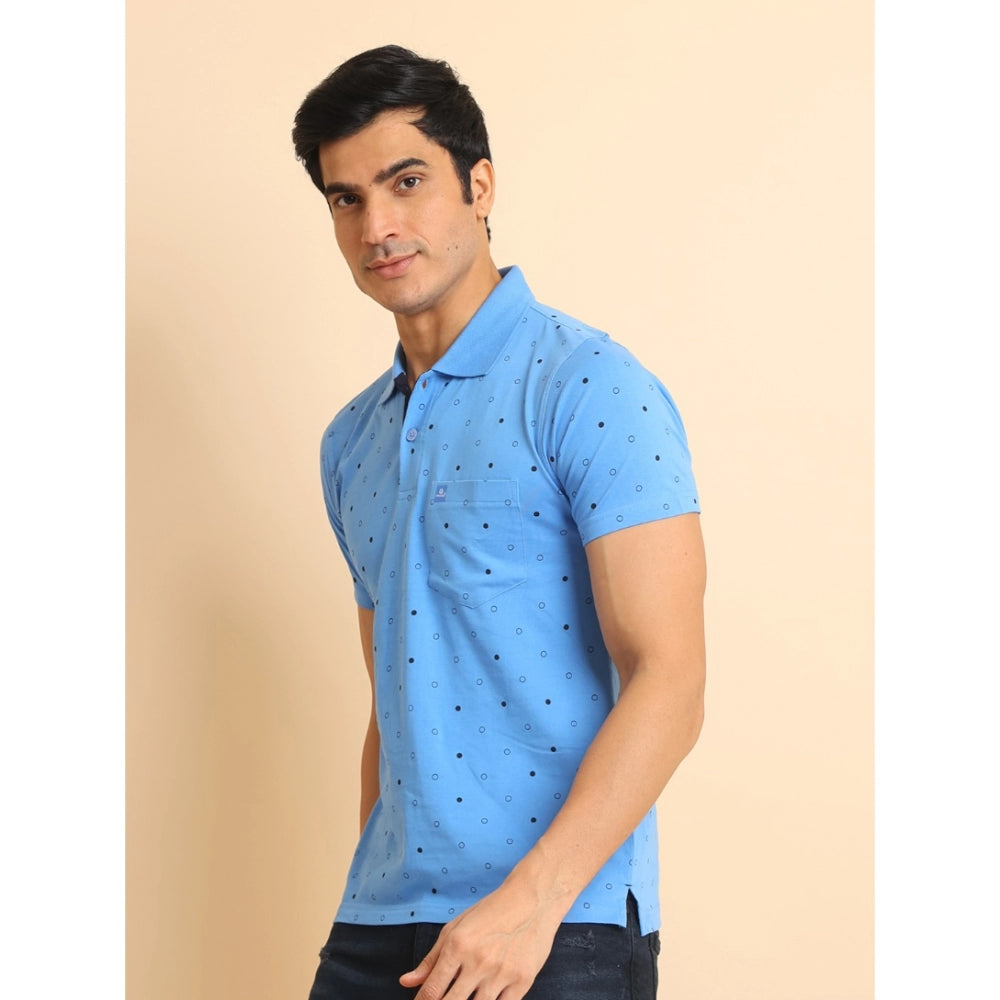 Men's Casual Cotton Printed Polo Neck Half Sleeve T-Shirt (Blue)