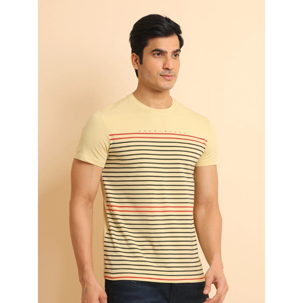 Men's Casual Cotton Printed Round Neck Half Sleeve T-Shirt (Beige)