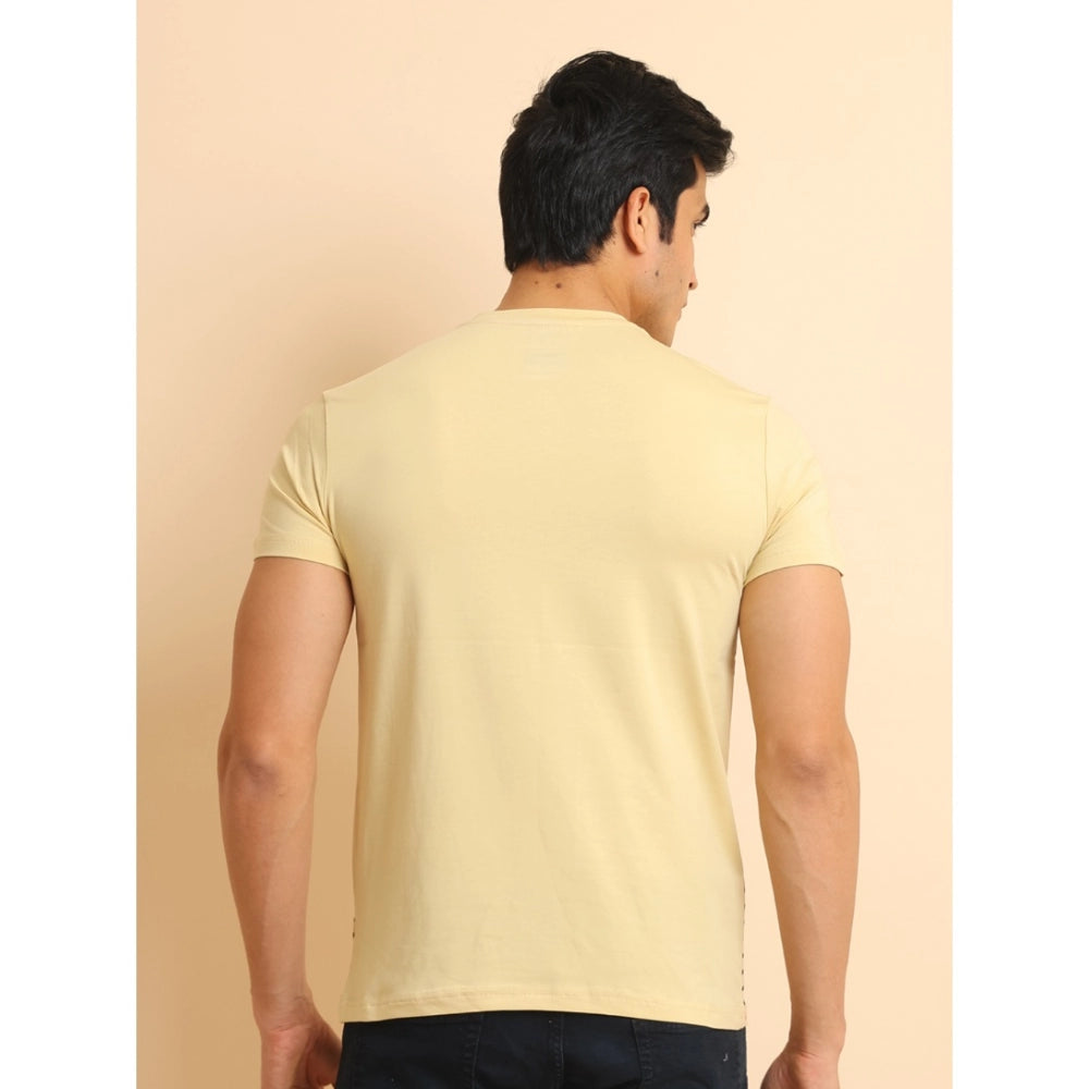 Men's Casual Cotton Printed Round Neck Half Sleeve T-Shirt (Beige)