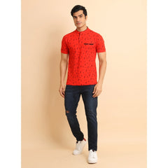 Men's Casual Cotton Printed Mandarin Collar Half Sleeve T-Shirt (Red)