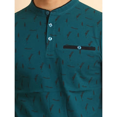 Men's Casual Cotton Printed Mandarin Collar Half Sleeve T-Shirt (Green)