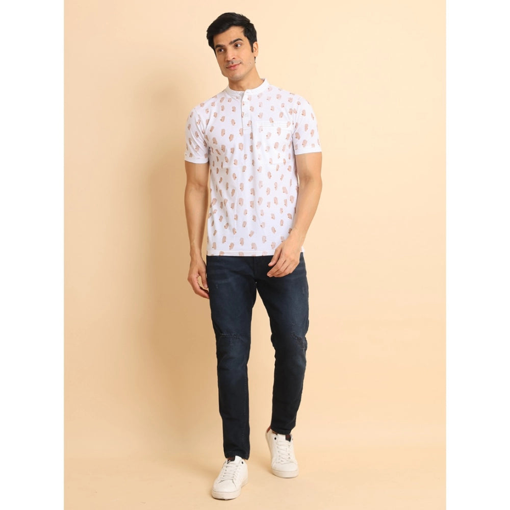 Men's Casual Cotton Printed Mandarin Collar Half Sleeve T-Shirt (White)