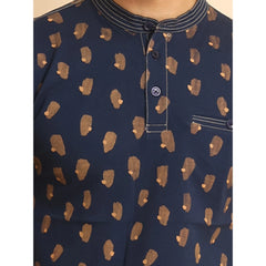 Men's Casual Cotton Printed Mandarin Collar Half Sleeve T-Shirt (Navy)