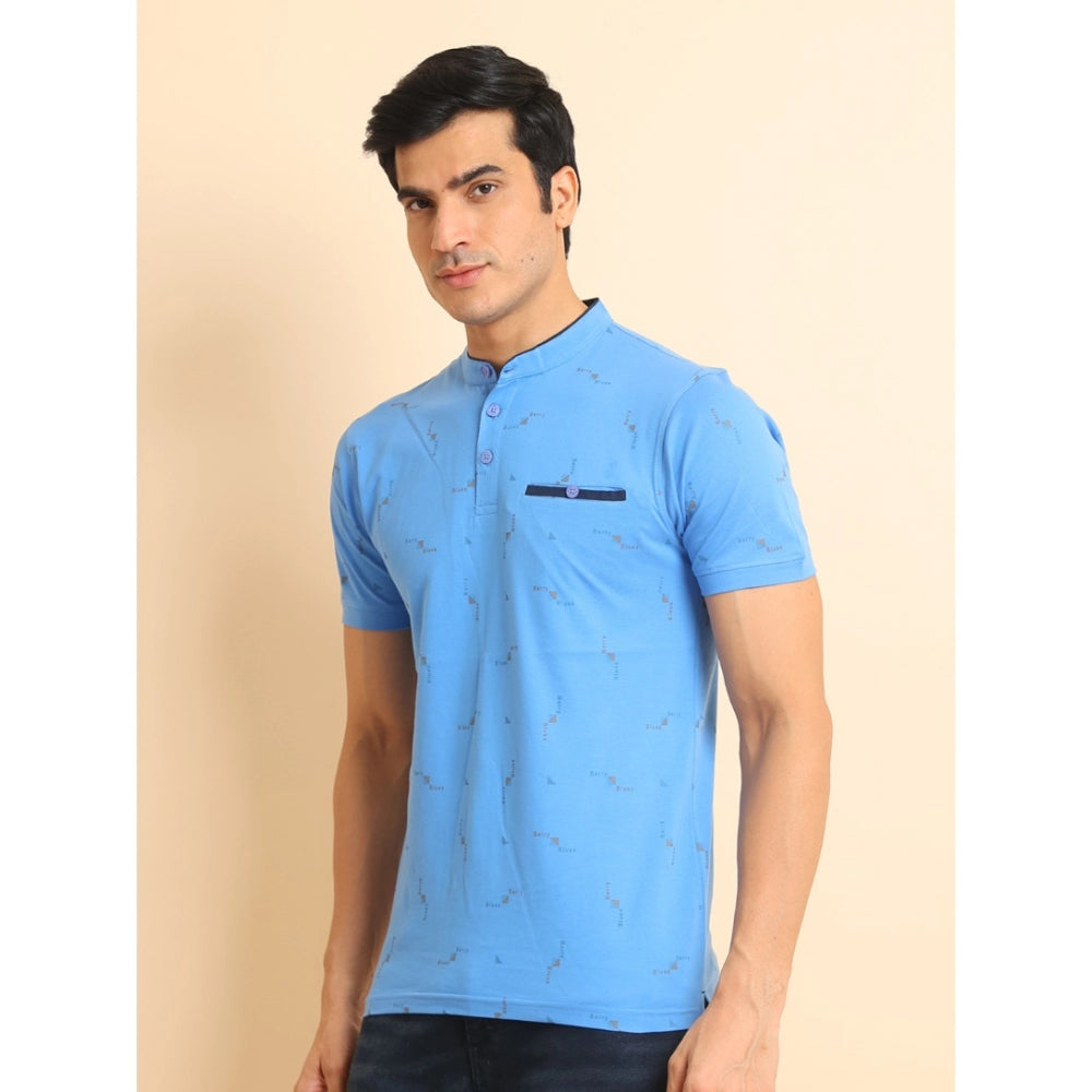 Men's Casual Cotton Printed Mandarin Collar Half Sleeve T-Shirt (LightBlue)