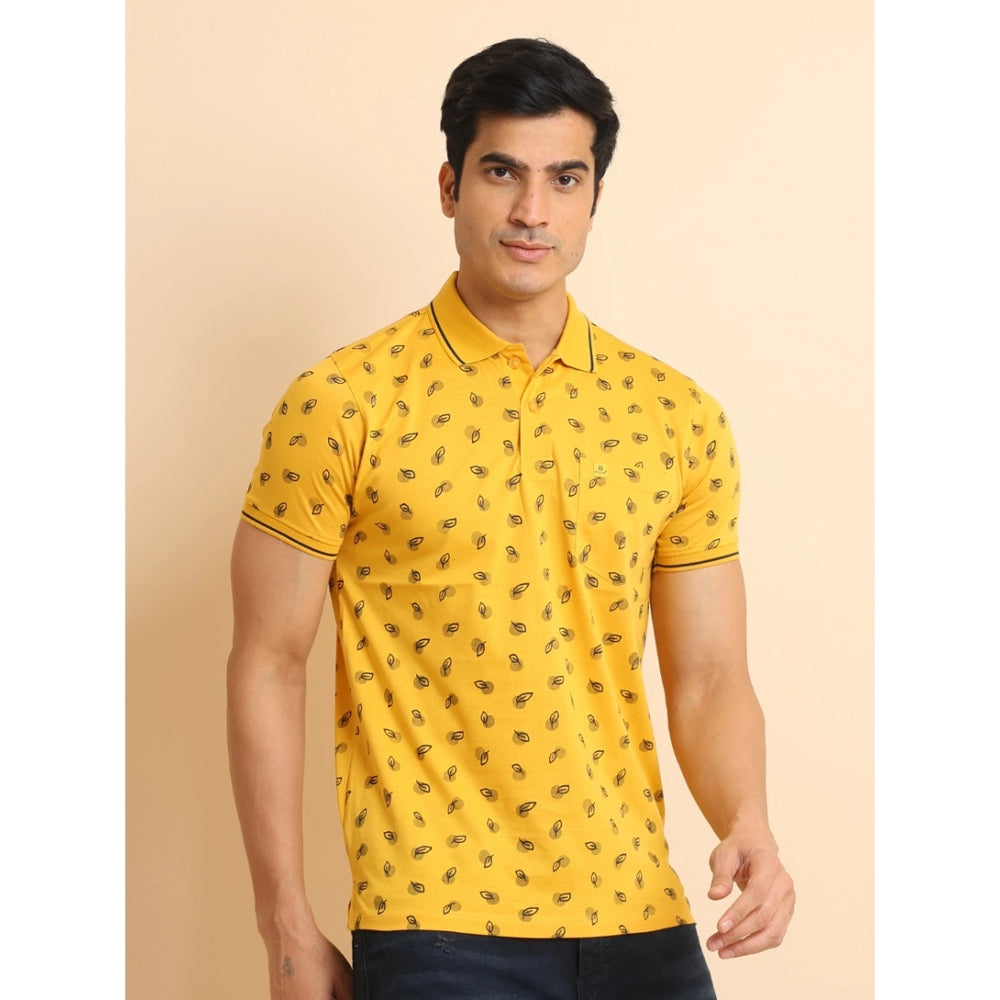 Men's Casual Cotton Printed Polo Neck Half Sleeve T-Shirt (Mustard)