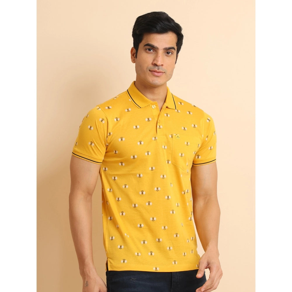 Men's Casual Cotton Printed Polo Neck Half Sleeve T-Shirt (Mustard)