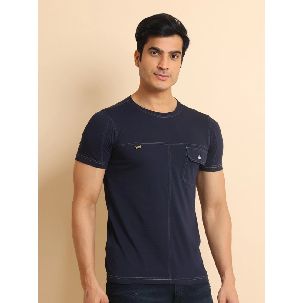 Men's Casual Cotton Solid Round Neck Half Sleeve T-Shirt (Navy)