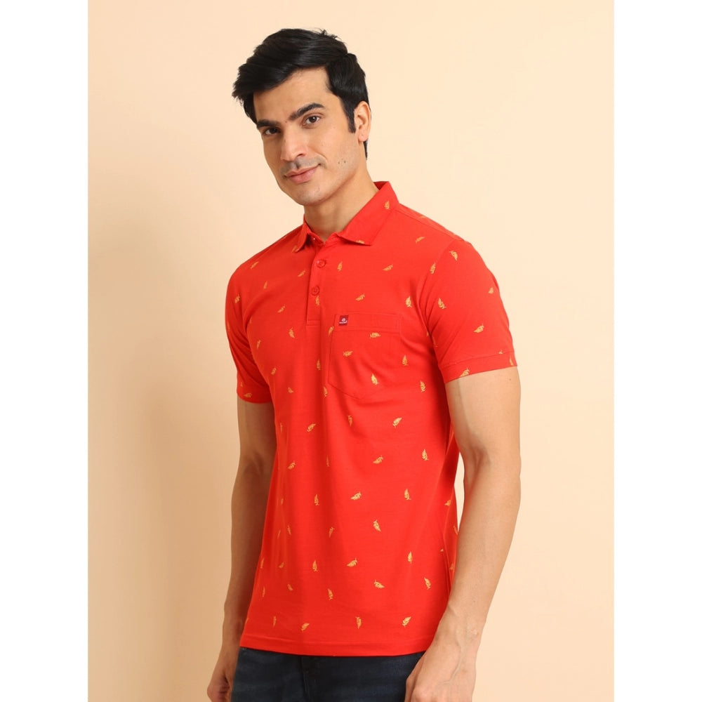 Men's Casual Cotton Printed Polo Neck Half Sleeve T-Shirt (Red)