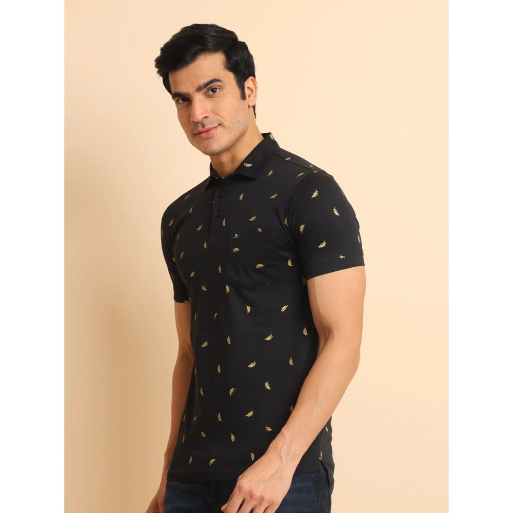 Men's Casual Cotton Printed Polo Neck Half Sleeve T-Shirt (Black)