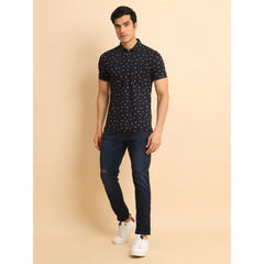 Men's Casual Cotton Printed Polo Neck Half Sleeve T-Shirt (Black)