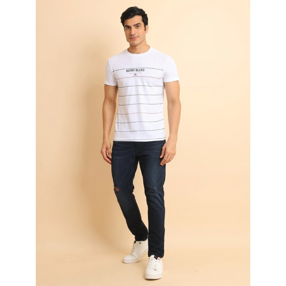 Men's Casual Cotton Printed Round Neck Half Sleeve T-Shirt (White)